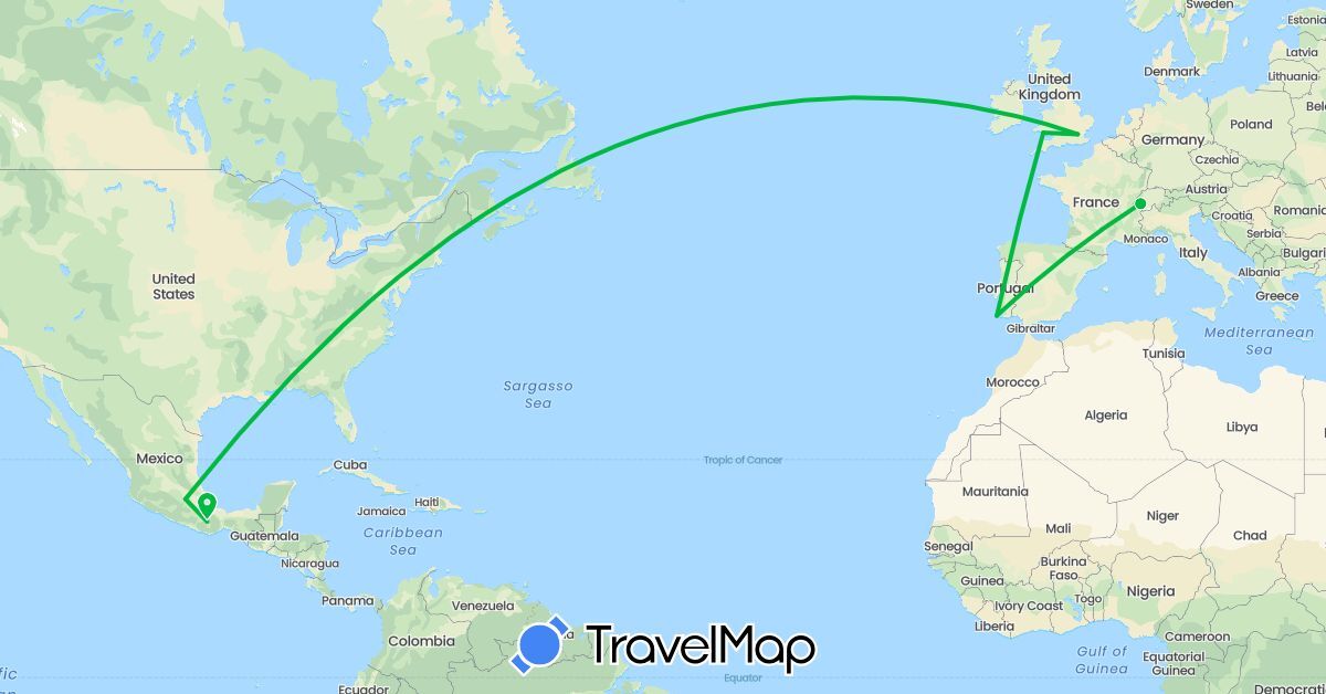 TravelMap itinerary: driving, bus in Switzerland, United Kingdom, Mexico, Portugal (Europe, North America)